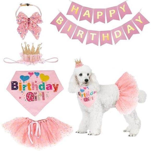 Dog Birthday Hat Bandana Girl - Puppy Party Supplies Pink Tutu Scarf Bow Banner - Picture 7 of 7